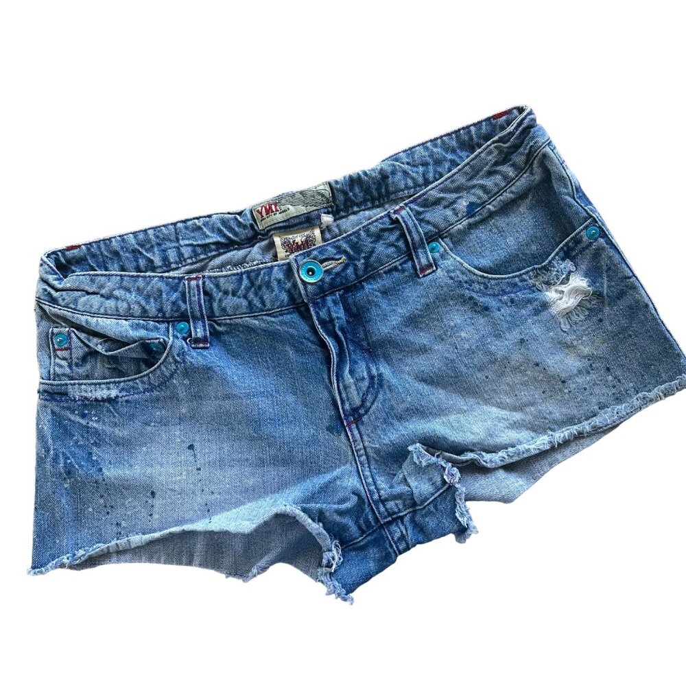 Vintage YMI Light Wash Paint Splatter Raw Hem Distressed Denim Shorts 11